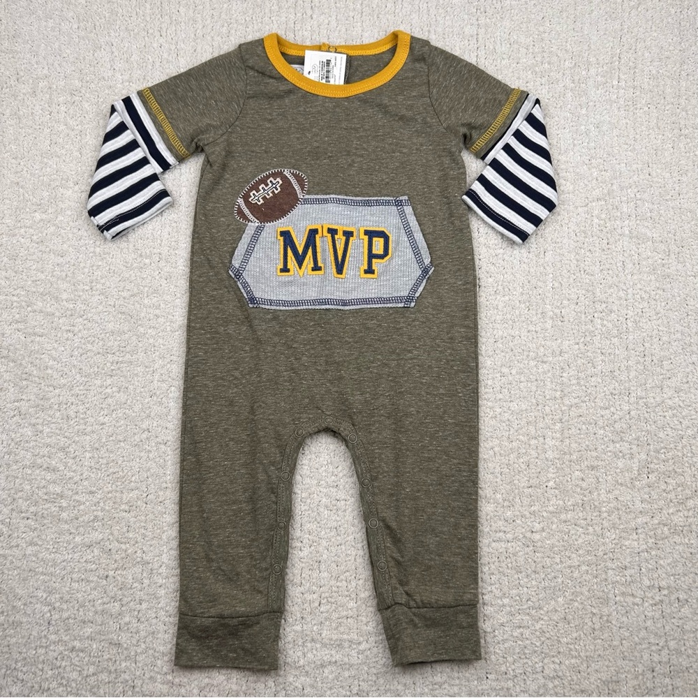 Mudpie Romper One Piece Infant Boy 6-9M MVP Football Snap‎ Closure Long Sleeve